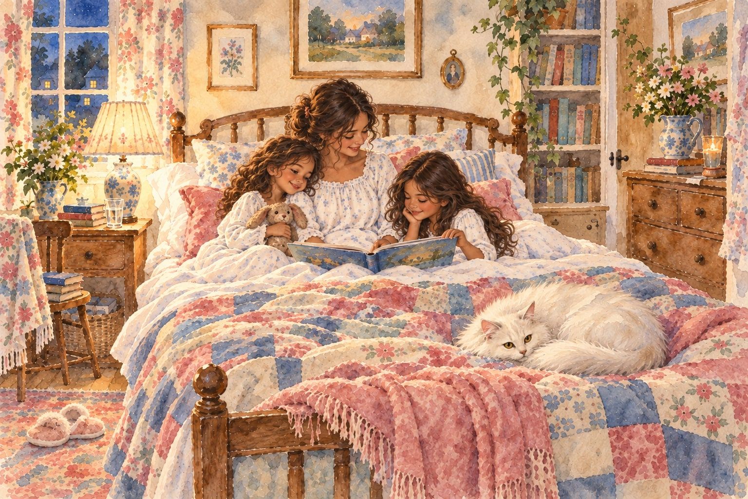 AI illustration: A watercolour of an evening story in bed: a woman in a long cotton nightdress reads a picture book to two small girls under a patchwork quilt, while a white cat sleeps at the foot of the bed by lamplight.