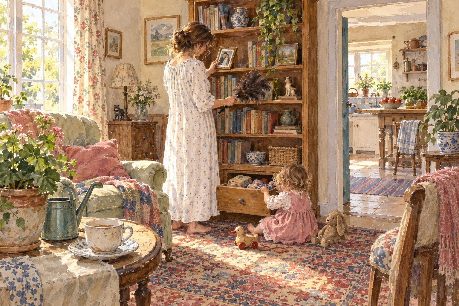 AI illustration: A watercolour of a sunny sitting room: a woman in a long cotton nightdress pauses at a bookshelf with a feather duster and a framed photograph, while a small girl explores an open drawer on the rug and a cup of tea waits on the table.